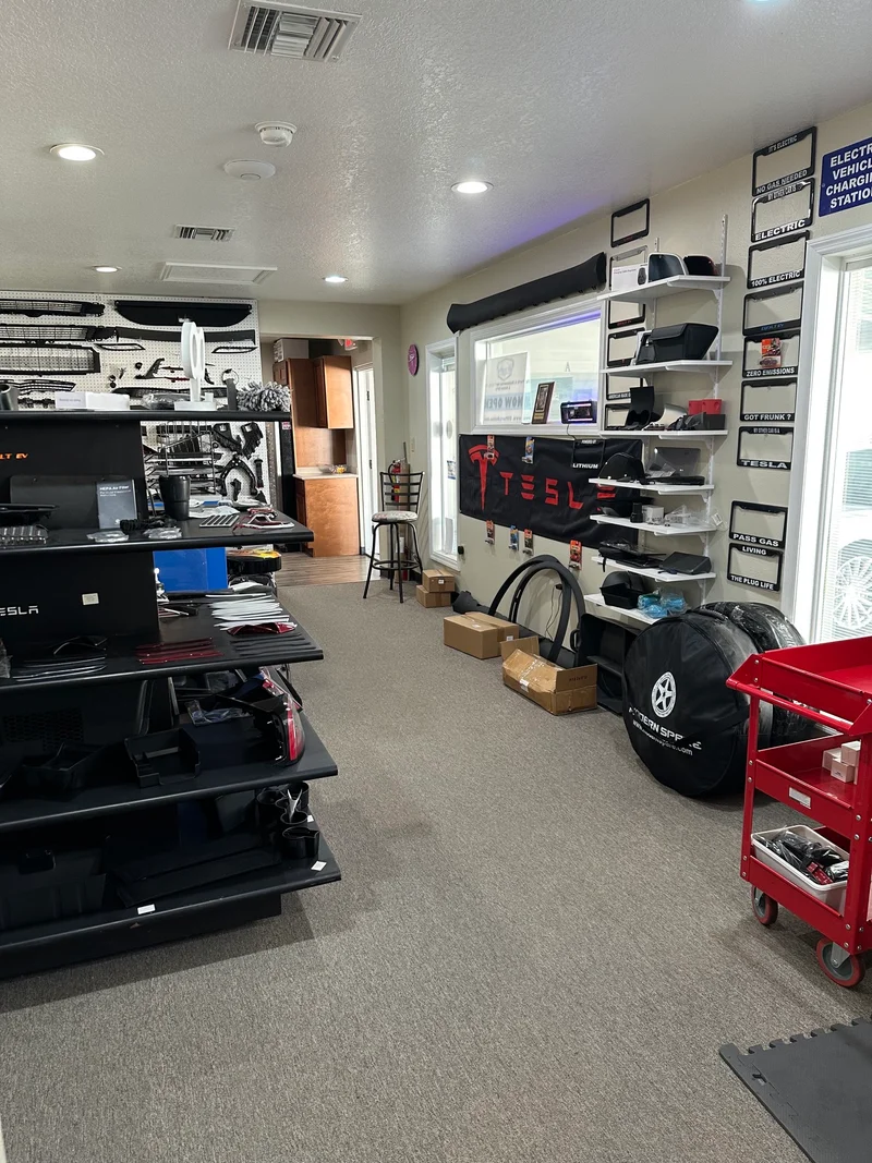 Parts shelves — organized Tesla OEM inventory
